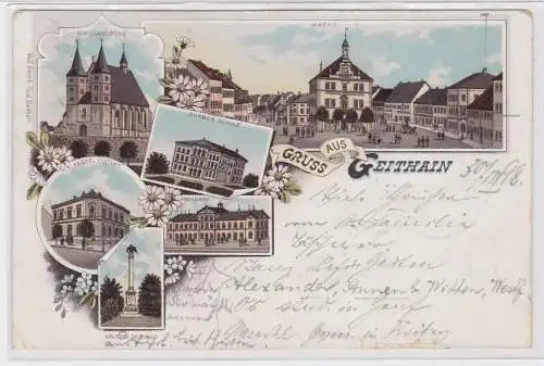 95094 Ak Lithographie Gruß aus Geithain Bahnhof, Postamt usw. 1898