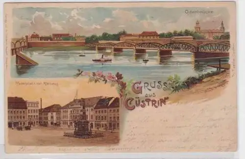 92421 Ak Lithographie Gruß ais Cüstrin Kostrzyn n.O. Marktplatz mit Rathaus 1902