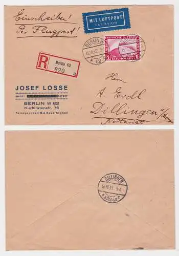 Einschreiben Zeppelin Brief Berlin Dillingen 1935 (122394)