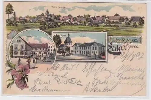 95221 Ak Lithographie Gruß aus Eula bei Borna Gasthof, Kirche, Scchule 1907