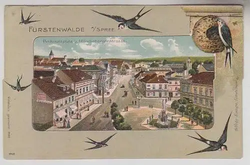 69816 Ak Fürstenwalde an der Spree Denkmalsplatz und Münchebergerstraße um 1910