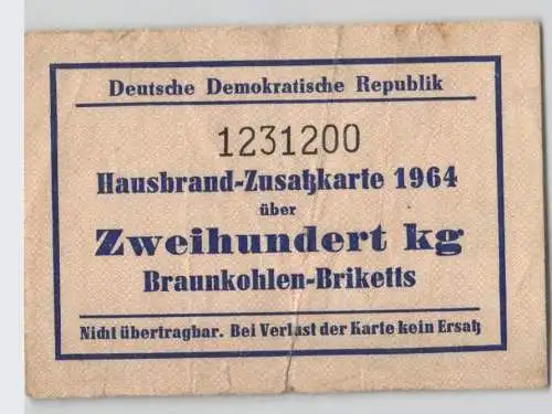 DDR Hausbrand-Zusatzkarte 1964 über 200 kg Braunkohlen-Briketts (129234)