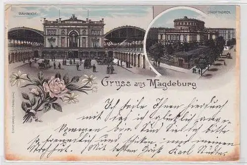 97338 Lithographie Ak Gruss aus Magdeburg - Bahnhof, Stadttheater 1895
