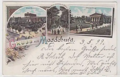07755 Lithographie Ak Gruss aus Magdeburg - Stadt-Theater, Herrenkrug usw. 1899