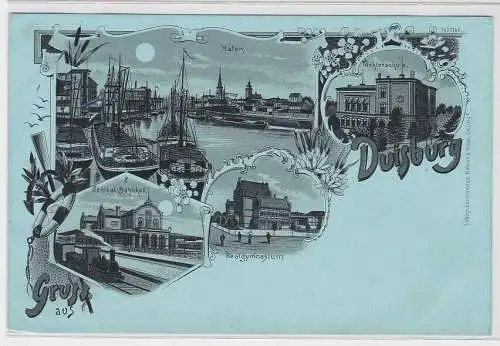 82653 Lithographie Ak Gruss aus Duisburg - Hafen, Bahnhof, Töchterschule um 1900