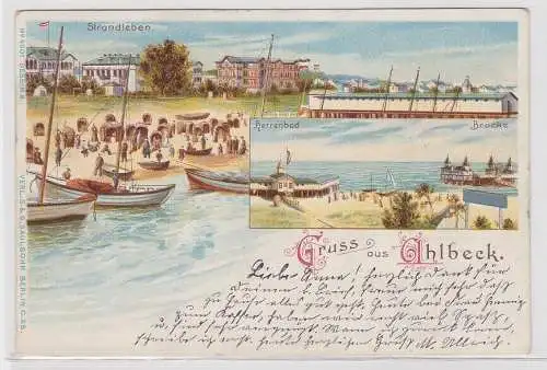 88479 Ak Gruß aus Ahlbeck, Strandleben, Herrenbad, Brücke, Totalansicht, 1901