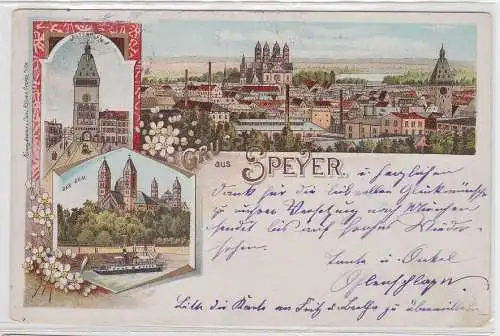 14803 Lithographie Ak Gruss aus Speyer - Dom, Totalansicht, Altpörtel 1898