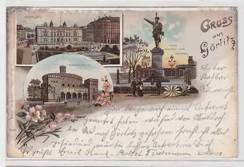 98878 Lithographie Ak Gruss aus Görlitz - Postplatz, Kaisertrutz, Denkmal 1901