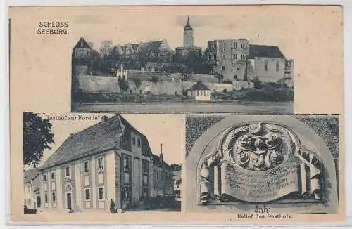 07439 Ak Schloss Seeburg, Gasthof zur Forelle, Relief des Gasthof, um 1920