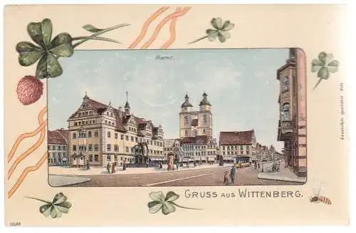 93691 Präge Lithographie Ak Gruß aus Wittenberg, Markt, Straßenbahn, um 1920