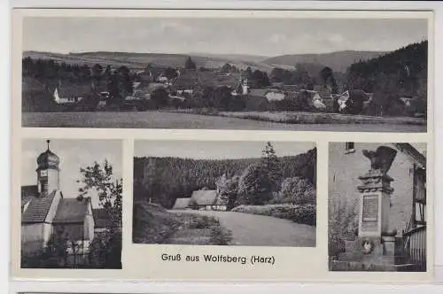 17776 AK Gruß aus Wolfsberg (Harz) - Denkmal, Kirche, Straßenansicht und Totale
