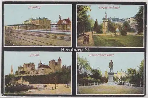 73305 Feldpost AK Bernburg - Bahnhof, Sieges- & Bismarckdenkmal, Schloß 1916