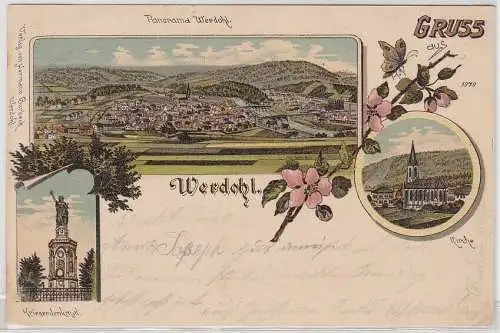 37523 Lithografie AK Gruss aus Werdohl - Panorama, Kriegerdenkmal, Kirche 1900