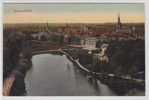 84428 AK Wolfenbüttel - Flusslauf, Kirche und Ortsansicht 1909
