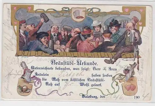 50215 Ak Lithographie Salzburg Bräustübl Urkunde 1904