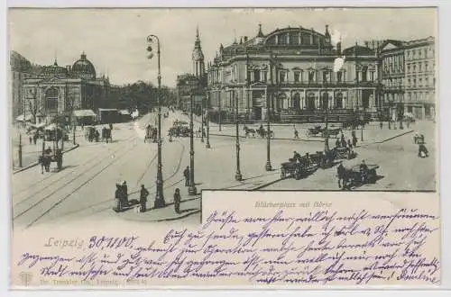 26776 AK Leipzig - Blücherplatz mit Börse, Straßenverkehr und Marktständen 1900