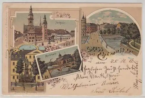 86538 Ak Lithographie Gruß aus Chemnitz Markthalle, Saxonia Brunnen usw.1901