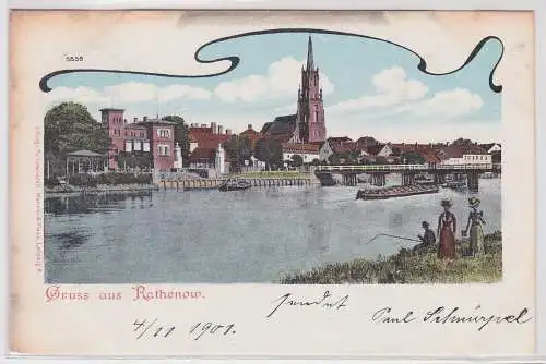 53710 AK Gruss aus Rathenow - Uferpartie mit Schiffen und Kirche 1901