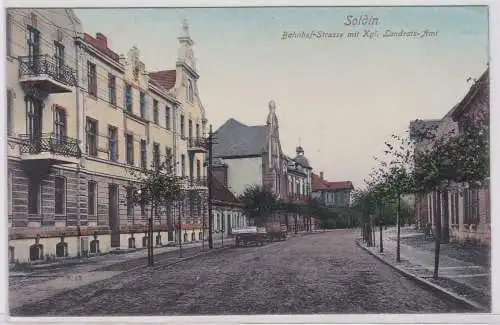 89187 Ak Soldin Myślibórz Bahnhof-Straße mit königlichem Landratsamt 1910