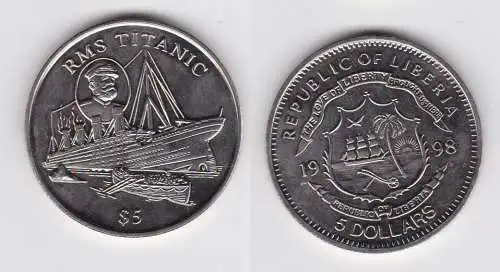 5 Dollar Nickel Münze Liberia 1998 RMS Titanic Stempelglanz (107459)