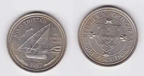 100 Escudos Münze Portugal Segelschiff "Nuno Tristao" Rio Gambia 1987 (101881)