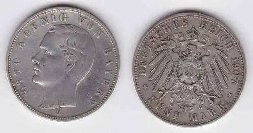 5 Mark Silbermünze Bayern König Otto 1907 Jäger 46  (124380)