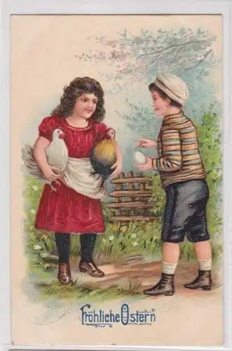 908481 geprägte Ak Fröhliche Ostern - Jung und Mädchen mit 2 Hühnern 1909