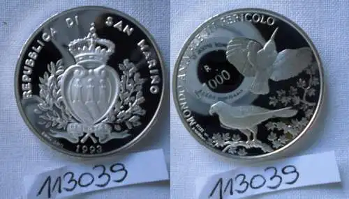 1000 Lire Silber Münze San Marino 1993 Gefährdete Tierwelt Falke Specht (113039)