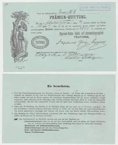 Prämien-Quittung Renten- & Lebensversicherungsbank Teutonia Leipzig 1900 /132767