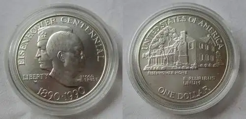 1 Dollar Silber Münze USA 1990 Eisenhower Home mit Etui OVP (130885)