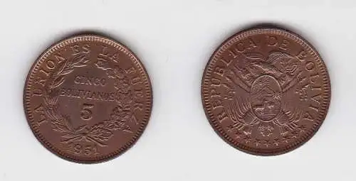 5 Bolivianos Kupfer Münze Bolivien 1951 (130527)