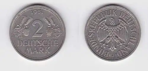 2 Mark Nickel Münze BRD Trauben und Ähren 1951 J (130631)