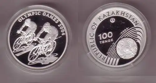 100 Tenge Silber Münze Kasachstan Olympiade Athen Radfahrer 2004 PP (104227)