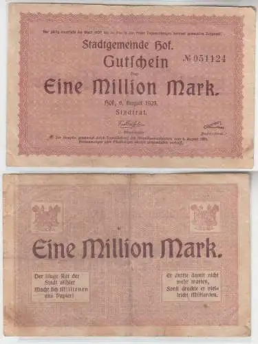 1 Million Mark Banknote Inflation Stadtgemeinde Hof 6.August 1923 (113670)