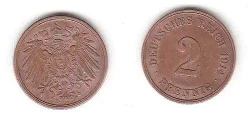 2 Pfennig Kupfer Münze Kaiserreich 1914 E Jäger Nr.11 (112609)