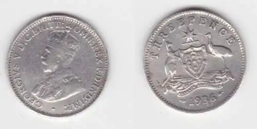 3 Pence Silber Münze Australien 1936 Georg V. (124547)