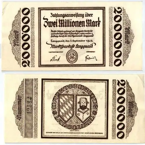 2 Millionen Mark Banknote Inflation Marktsparkasse Langquaid 5.9.1923 (120767)