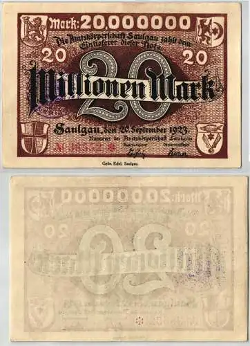 20 Millionen Mark Banknote Amtskörperschaft Saulgau 20.09.1923 (121516)