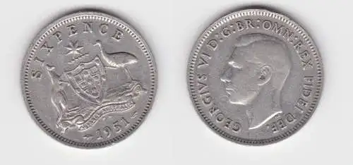 6 Pence Silber Münze Australien 1951 ss (153585)