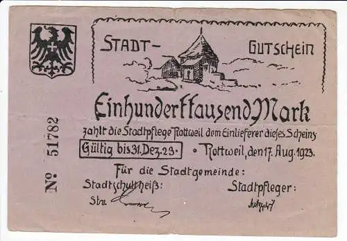 100000 Mark Inflation Banknote Stadtgemeinde Rottweil 17.8.1923 (129417)