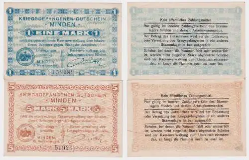 1 und 5 Mark Banknoten Kriegsgefangenenlager Minden 1916 (123674)