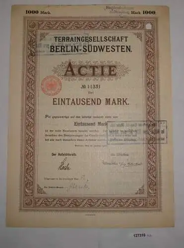 1000 Mark Aktie Terraingesellschaft Berlin-Südwesten 10. Januar 1906 (127316)