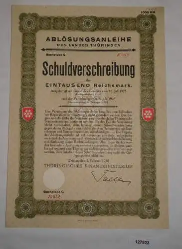 1000 RM Schuldverschreibung Thüringisches Finanzministerium Weimar 1928 (127923)