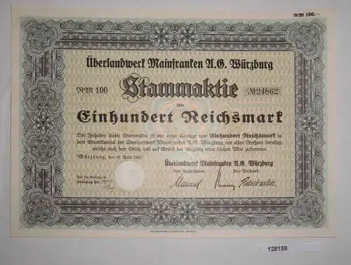 100 RM Aktie Überlandwerk Mainfranken AG Würzburg 15. April 1942 (128159)