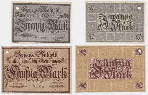 20 und 50 Mark Banknoten Kriegsgeld Amtskörperschaft Geislingen 1918 (130416)