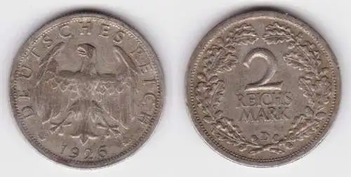2 Mark Silber Münze Deutsches Reich 1926 D  (141871)