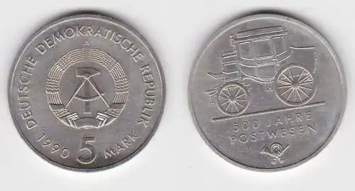 DDR Gedenk Münze 5 Mark 500 Jahre Postwesen 1990 vorzüglich (140493)