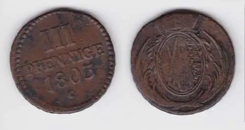 3 Pfennige Bronze Münze Sachsen 1803 C f.ss (151129)