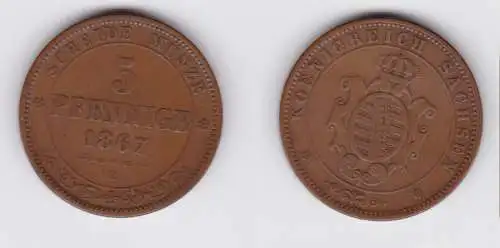 5 Pfennige Bronze Münze Sachsen 1867 B ss (151382)