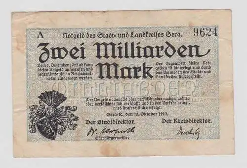 2 Milliarden Mark Banknote Stadt- & Landkreis Gera 15.10.1923 (121118)